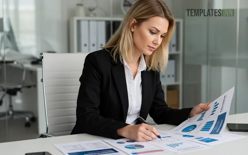 Business professional preparing a printed report cover with branded materials