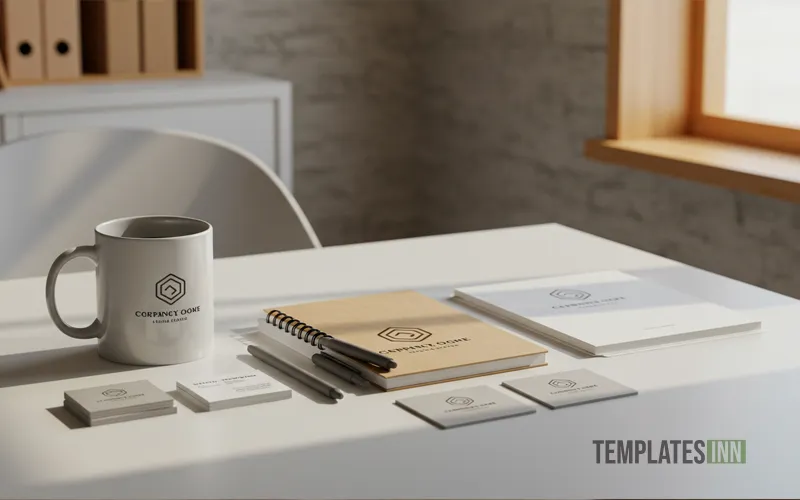 Modern business desk scene with branded items and clean layout, no documents shown