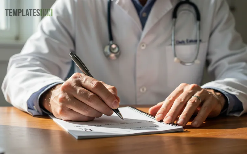 Cardiologist writing prescription notes at desk