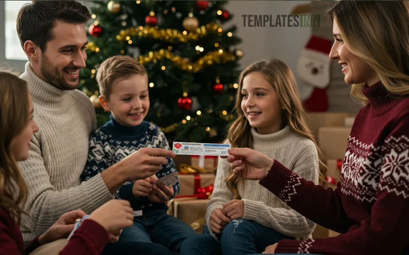 Happy family exchanging gift vouchers under Christmas tree