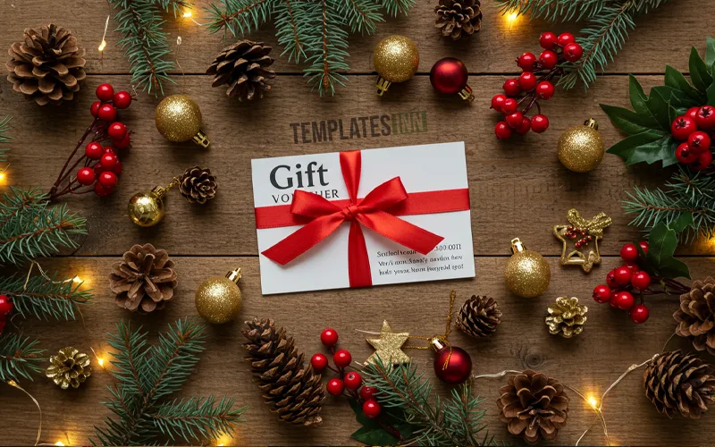 Flat lay of Christmas gift voucher surrounded by ornaments, ribbon, and pinecones on wooden background