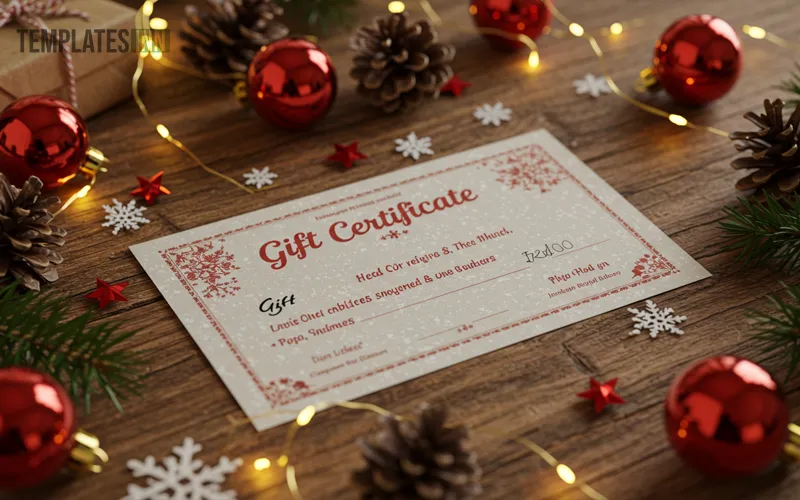 Christmas-themed gift certificate displayed with pinecones and lights on a decorated table