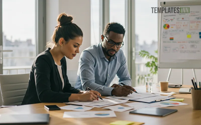 Two colleagues preparing a business proposal for client presentation