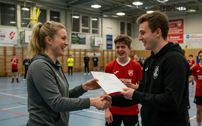 Coach smiling while handing over certificate to athlete during a sports award ceremony