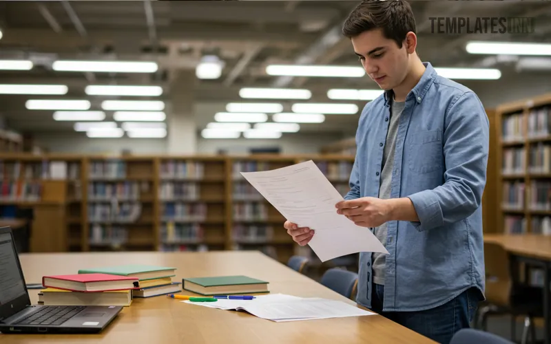 College student reviewing assignment cover page printout before submission