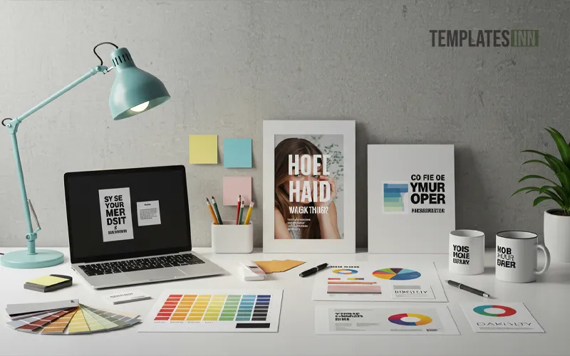 Creative business workspace with branding materials and designer desk setup