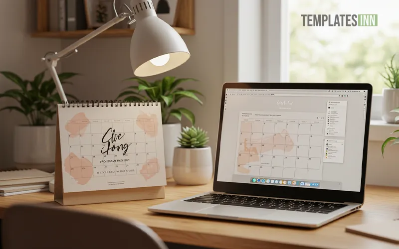 Creative workspace with calendar showing inspirational quote on desktop