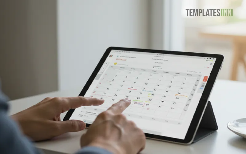 User previewing a custom calendar design on a tablet before printing