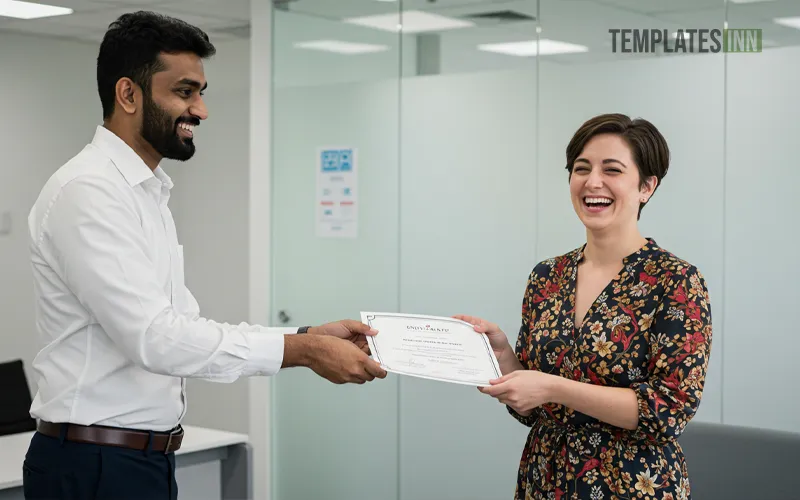 Customer receiving a certificate of appreciation from business representative