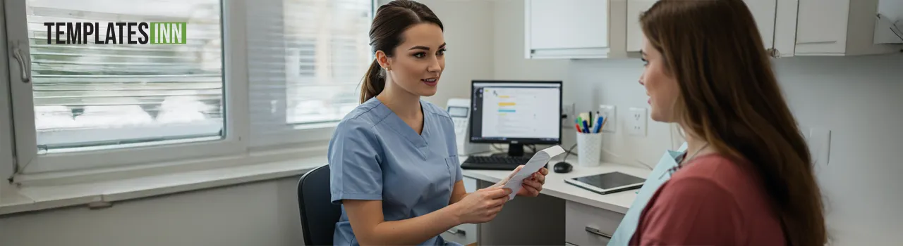 Female dentist showing printed prescription pad to a patient
