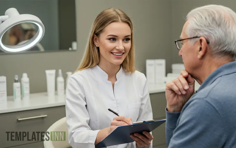 Dermatologist consulting patient with prescription pad