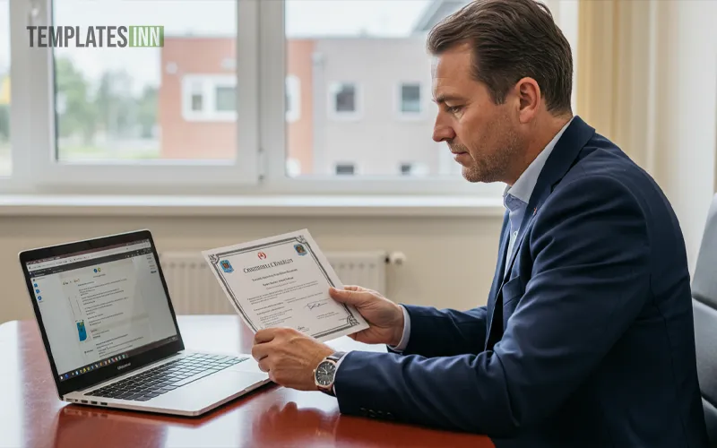 Teacher designing academic achievement certificate on laptop