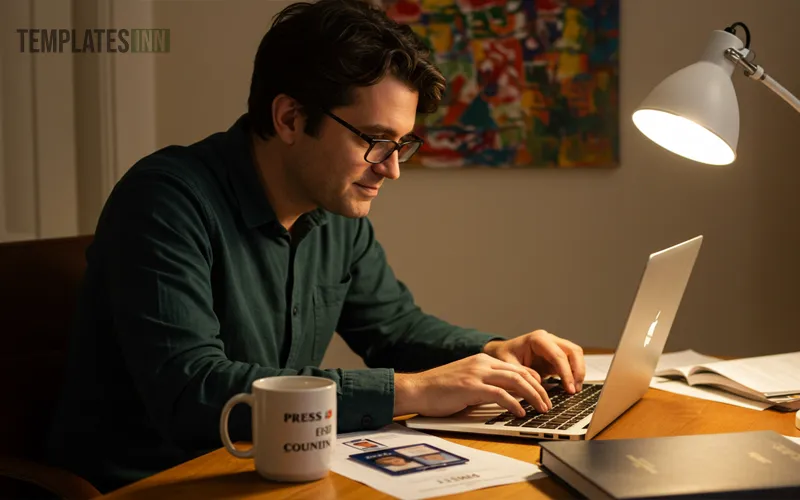 Reporter designing a press ID card on a laptop at home office