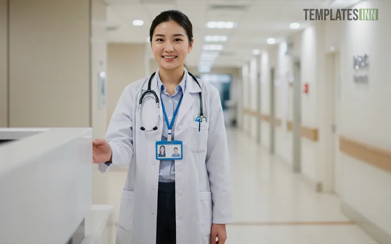 Medical doctor holding ID card badge in hospital