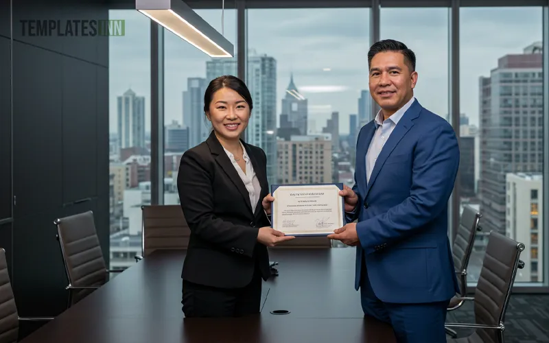 Employee being presented with business certificate in an office setting