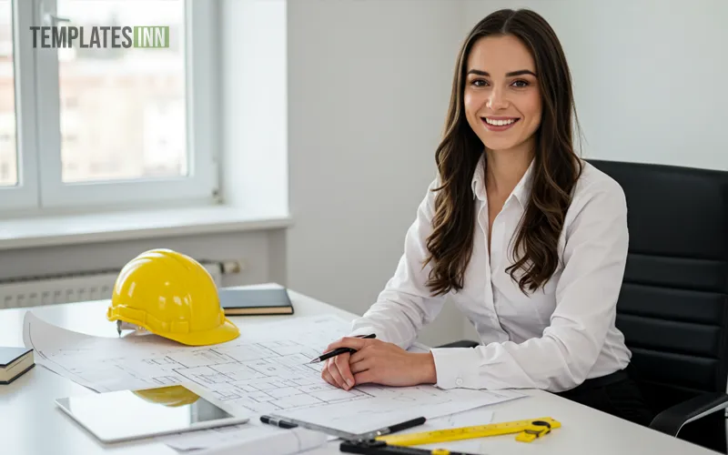 Smiling female civil engineer at a modern office desk with blueprint documents