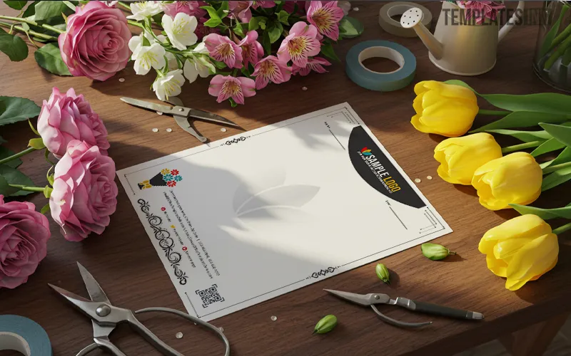 Florist business letterhead placed on a desk with flower tools and fresh blooms