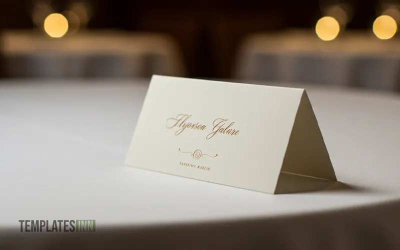 Close-up of a folded place card placed on a formal restaurant table