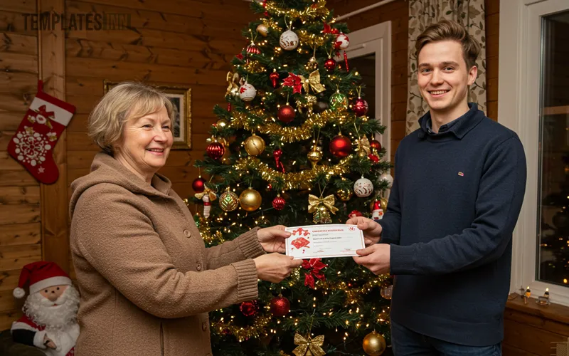 Person handing a Christmas gift certificate to a smiling recipient near a decorated tree