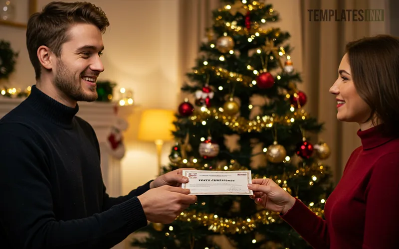Two people exchanging Christmas gift certificate with decorated tree in background