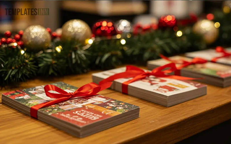 Holiday-themed gift vouchers displayed at a retail store counter