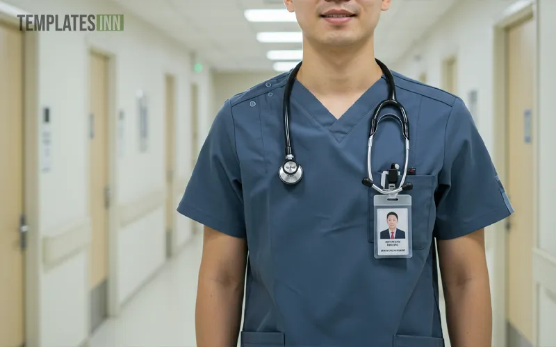 Hospital staff showing ID badge in healthcare setting