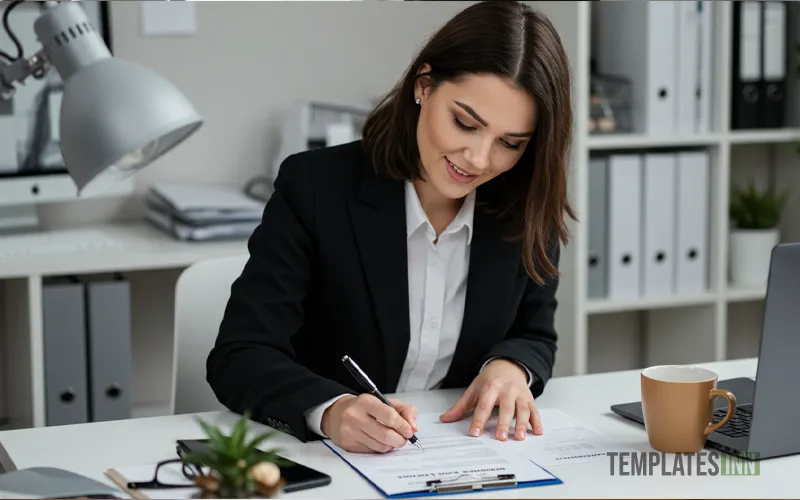 HR preparing a contract employee salary certificate on office desk with documents and coffee