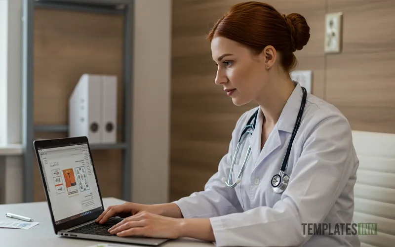Doctor creating custom ID badge on laptop in clinic