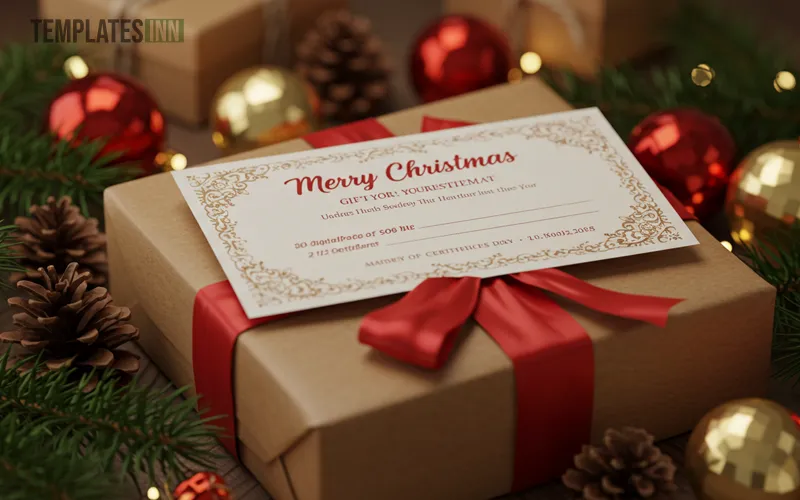 Merry Christmas gift voucher placed on a wrapped present with festive ribbons and ornaments