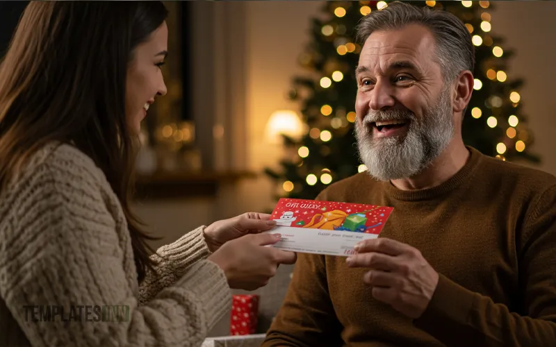 Person handing over Merry Moments gift certificate with Christmas background