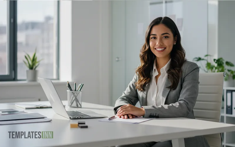 Confident female professional in a modern office setup, representing elegant business branding