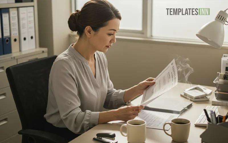 Office employee viewing part-time salary certificate preview on paper