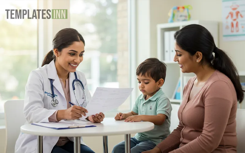 Pediatrician talking to a mother and child