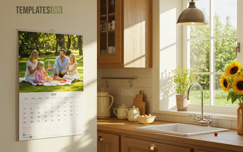 Printed calendar with custom photo hanging in a kitchen