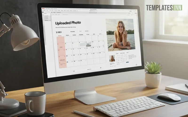 User previewing a custom photo calendar on their desktop workspace