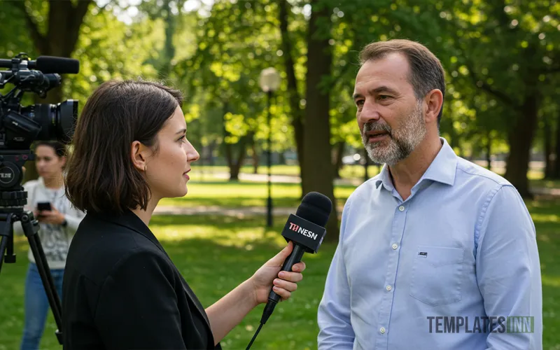 Press reporter interviewing a subject with microphone and camera crew