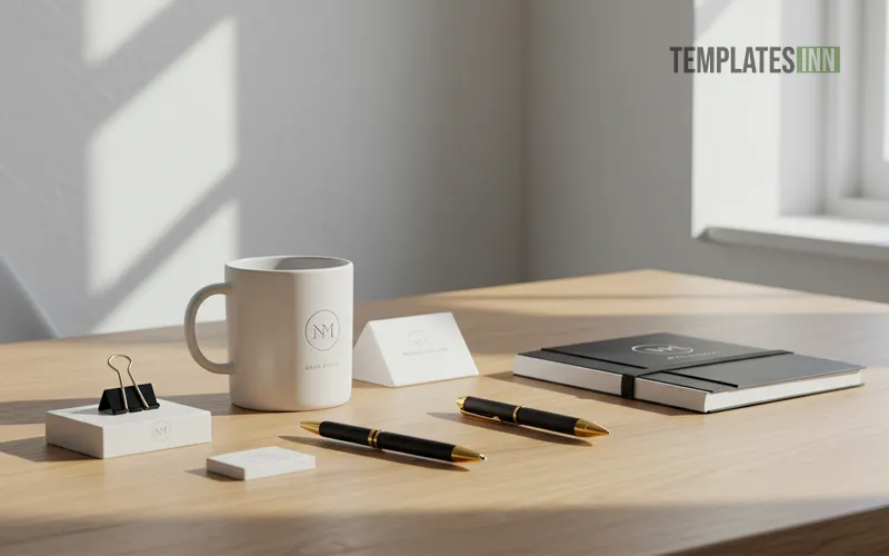 Business office desk with branded items and company logo elements, no document shown