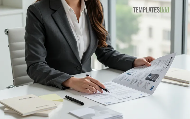 Business professional reviewing proposal cover on desk with branding materials