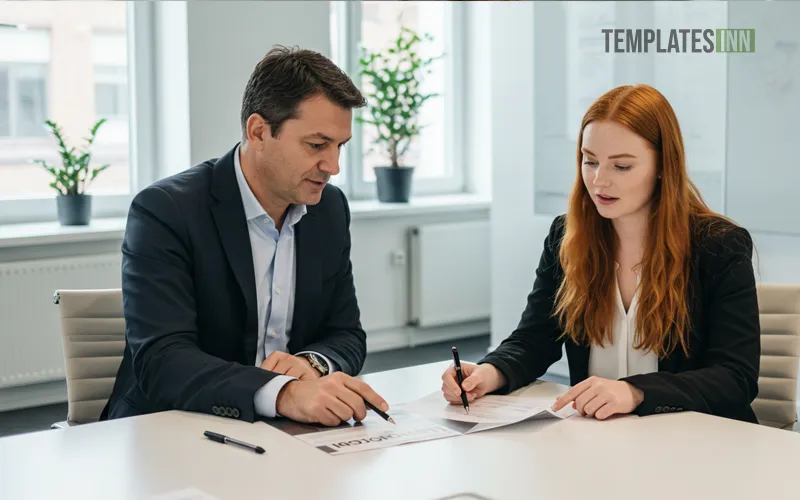 Two business professionals collaborating on a business report in office setting