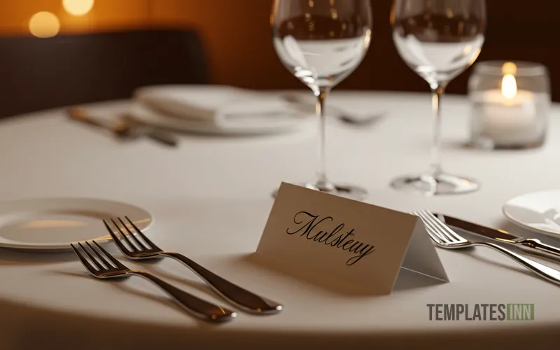 Table setting with custom restaurant place card next to utensils