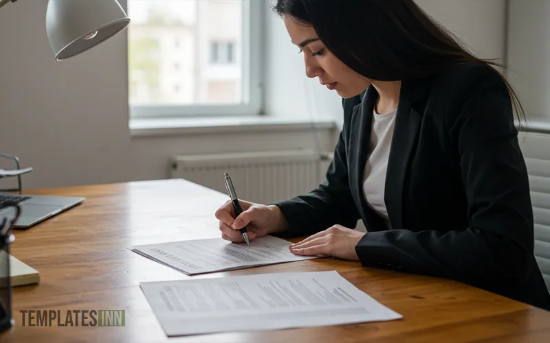 HR manager signing a temporary employee salary certificate on desk