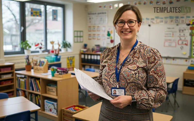 School teacher showing ID card in classroom