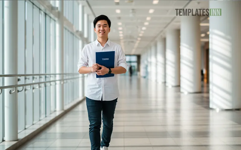 University student walking with printed thesis document in academic hallway