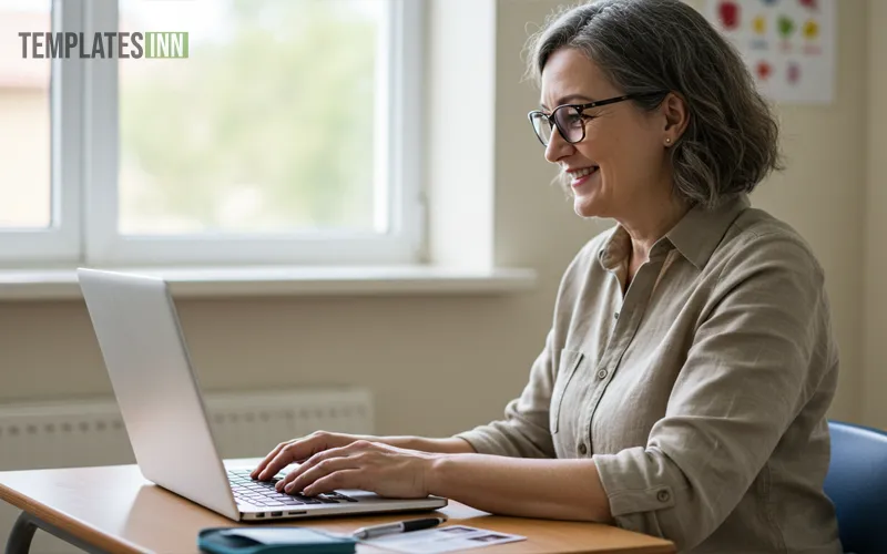 Teacher designing an ID card online on laptop