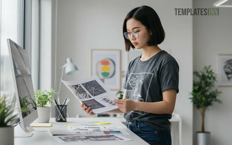 Young creative designer reviewing project cover layout before submission