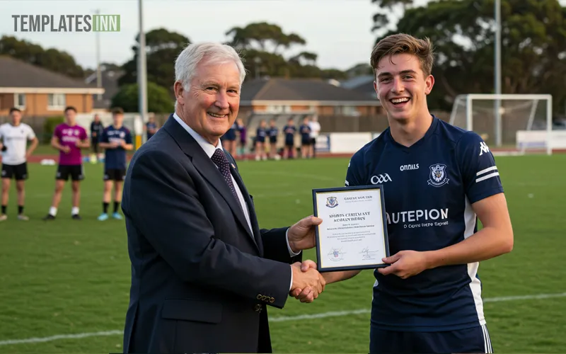 Coach presenting sports achievement certificate to young athlete on sports field