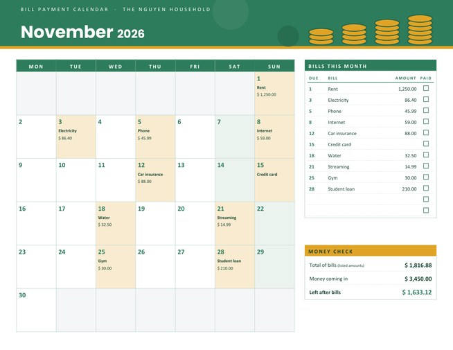 Bill Payment Calendar