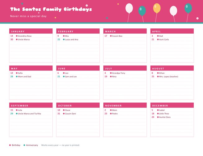 Birthday and Anniversary Calendar