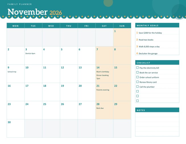 Monthly Planner with Goals and Checklist