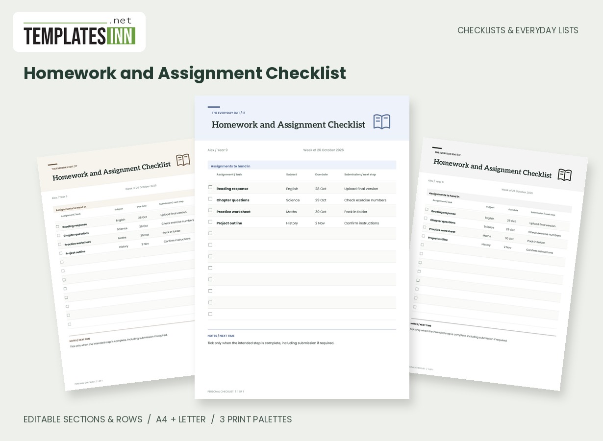 Homework and Assignment Checklist